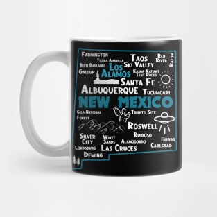 Cute map of Los Alamos New Mexico Albuquerque Santa Fe, Roswell Las Cruces Deming Carlsbad Hobbs Silver City Mug